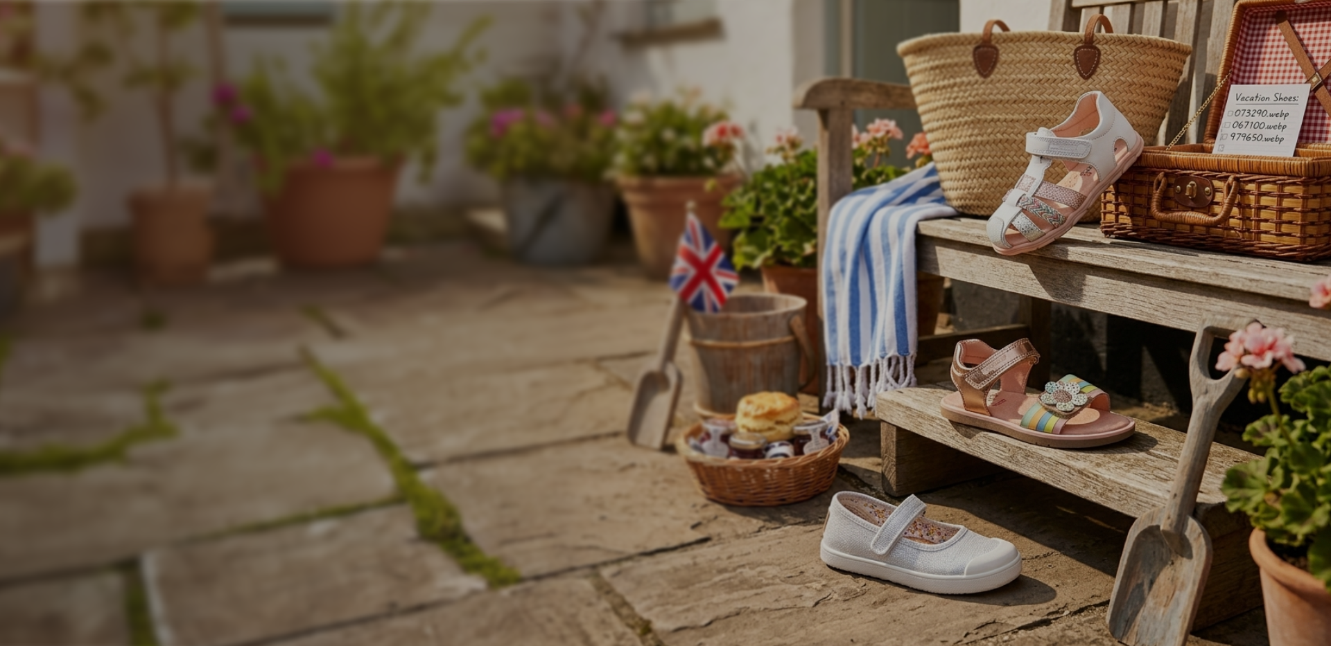 Outdoor setting with a bench, shoes, and decorative items on a stone patio.